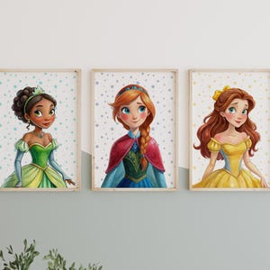 Princess Wall Art Set, Watercolor Princess Poster, Printable Girls Room Decor, Ariel Rapunzel Moana Snow White Nursery Poster, Digital Art
