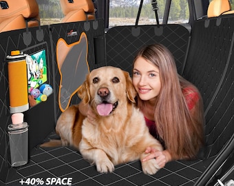 Backseat Extender for Dogs, 600D Fabric Hard Bottom Dog Hammock for Car Back Seat Holds 500lbs, Waterproof, Car Back Seat Cover,6 Pocket,