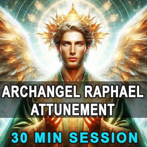 Può includere: Opera d'arte digitale raffigurante l'Arcangelo Raffaele, con ali dorate e un'aureola. L'immagine include il testo "ARCHANGEL RAPHAEL ATTUNEMENT" e "30 MIN SESSION" in grassetto, bianco e turchese. L'angelo ha la pelle chiara, gli occhi blu e un'espressione serena.