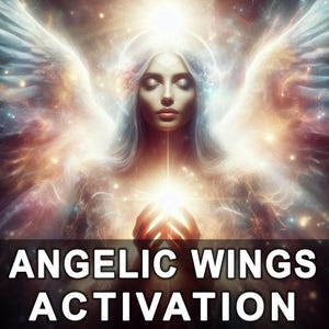 May include: Digital artwork of a woman with closed eyes, a halo, and large feathered wings, set against a backdrop of celestial colours. The text "ANGELIC WINGS ACTIVATION" is displayed in bold, white letters at the bottom of the image.