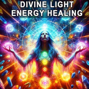 Op de afbeelding: Een artistieke digitale illustratie met de tekst "DIVINE LIGHT ENERGY HEALING". De afbeelding toont een vrouw met blauw haar, omringd door kleurrijke bollen en geometrische vormen. Het kunstwerk gebruikt levendige kleuren en een spiritueel thema.