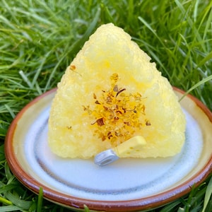 May include: A yellow, triangular food item, possibly rice, is presented on a small plate with a brown rim. It's garnished with small, brown pieces and a tiny yellow knife. The plate rests on green grass.