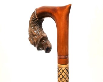 Canne à Marche Ancienne Style Bois Avec Pommeau Tête De Loup En Aluminium - Idéale Senior & Cadeau
