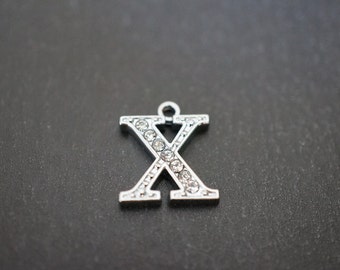 CLOSEOUT SALE - Durable High Quality Rhodium Plated Small Crystal Pave Letter X Pendant - 12mm Tall - 1 piece (Times New Roman Font)