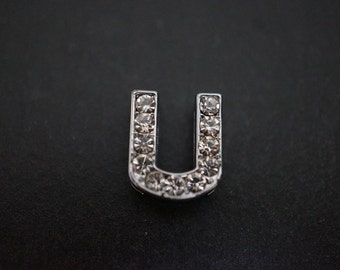 CLOSEOUT SALE - Durable High Quality Rhodium Plated Small Crystal Pave Letter U Slider Charm - 14mm Tall - 1 piece (Arial Font)