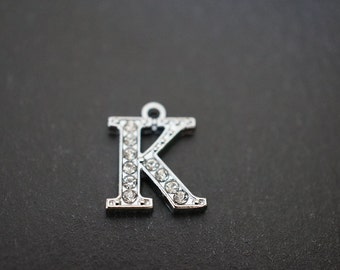 CLOSEOUT SALE - Durable High Quality Rhodium Plated Small Crystal Pave Letter K Pendant - 12mm Tall - 1 piece (Times New Roman Font)