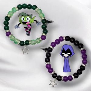 Juego de pulseras a juego de Beast Boy y Raven / Pulseras elásticas de Teeny Titans hechas a mano con corazón magnético / Joyas para parejas inspiradas en Teen Titans