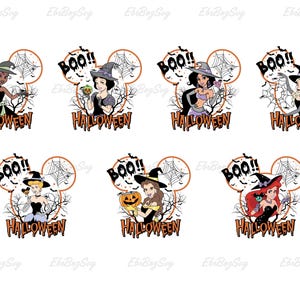 May include: A collection of Halloween-themed designs featuring Disney princesses dressed as witches. Each design includes a Mickey Mouse head silhouette with the word "BOO!!" and "HALLOWEEN" in orange. The princesses are in various poses, holding Halloween items.