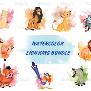 May include: A collection of watercolour illustrations of characters from The Lion King. The image includes Simba, Scar, Timon, Pumbaa, Rafiki, Zazu, and others, each set against colourful watercolour splashes. Text reads "WATERCOLOR LION KING BUNDLE."
