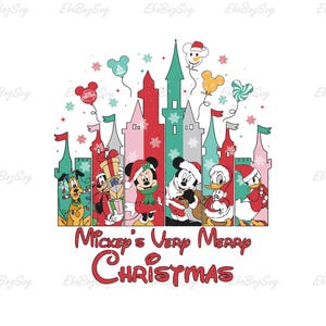 May include: A Christmas-themed illustration with Disney characters in front of a castle. Mickey Mouse, Donald Duck, and Goofy are wearing Santa hats and scarves. The text "Mickey's Very Merry Christmas" is displayed in red.