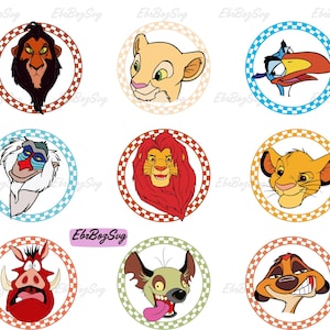 Puede incluir: Conjunto de 10 toppers redondos imprimibles para cupcakes con personajes de la película El Rey León. Los personajes incluyen Simba, Nala, Mufasa, Scar, Pumbaa, Timon, Zazu y las hienas.