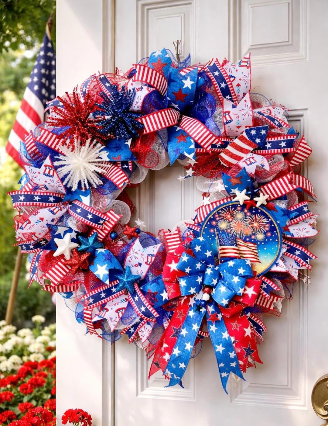 XL Patriotic 4th of July Wreath – Red White Blue Mesh Door Wreath With ...