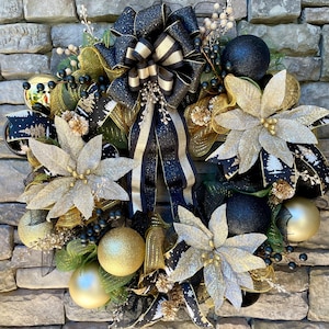 Large and Elegant Black and Gold Wreath, Gold and Black Door Wreath, Christmas Gold and Black