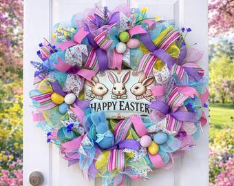Corona de Pascua grande para puerta, "Felices Pascuas", corona de conejito de Pascua, corona de Pascua en tonos pastel, corona de Pascua de malla
