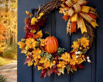 Sweet Pumpkin Fall Foliage Door Wreath: Orange Pumpkin Foliage, 23"