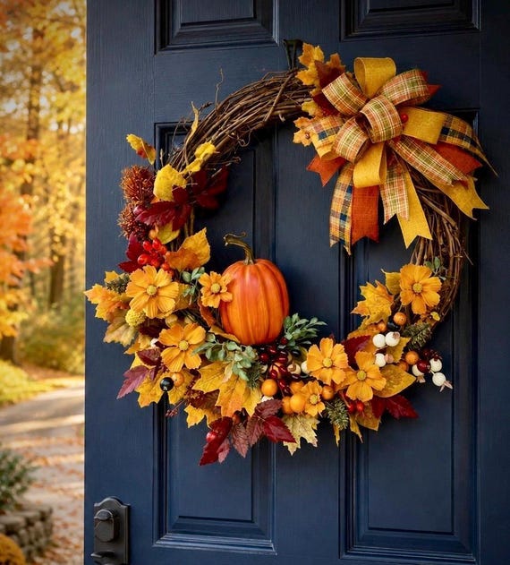 Sweet Pumpkin Fall Foliage Door Wreath: Orange Pumpkin Foliage, 23"