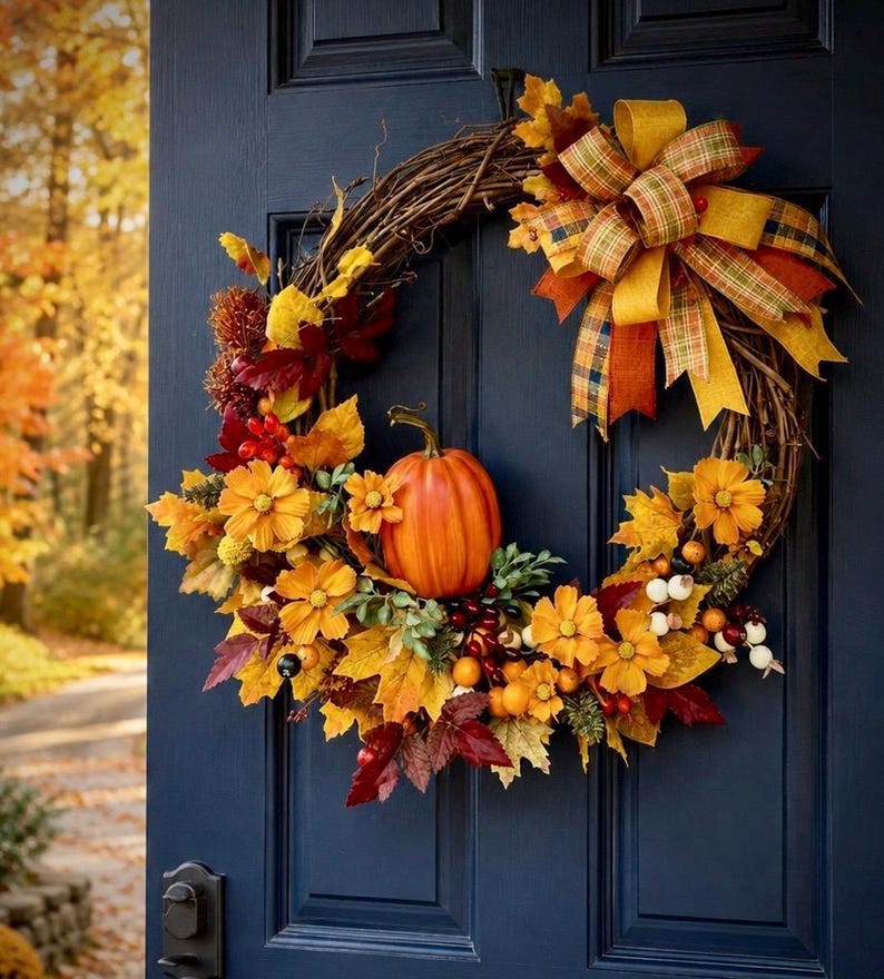 K&ouml;nnte beinhalten: Ein runder Herbstkranz aus braunen Zweigen, verziert mit einem zentralen orangefarbenen K&uuml;rbis, gelben und roten Seidenbl&auml;ttern, orangefarbenen Blumen und kleinen Beeren. Eine gro&szlig;e, mehrlagige Schleife aus gold-orange-gr&uuml;nem Karoband sitzt oben.