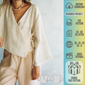 Wrap Blouse Sewing Pattern – Loose Fit, Long Sleeve, Perfect for Linen and Casual Wear