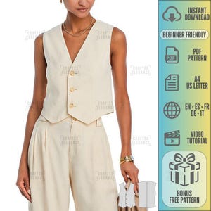 Elegant Vest for Women PDF Sewing Pattern - Tailored Waistcoat Pattern - V-Neck, Buttoned - Instant Download - Beginner Level