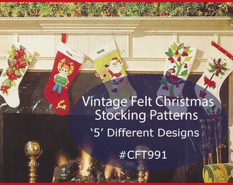 Felt Christmas Stockings, Vintage Sewing Pattern, 5 Different Patterns Included-Easy Crafting,Dates 1970's, PDF Pattern, DurhamDeals, Canada