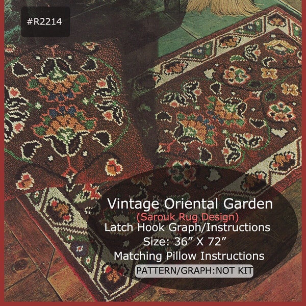 Oriental  Rug Latch Hook, Vintage Pattern, SAROUK Design, Rare!!-- PDF Pattern, Sarouk Cushion Pattern TOO! -Read Everything-DurhamDeals