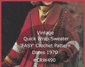 Retro Sweater/Jacket Ladies  EASY Crochet Pattern Dates 70's  Sweater/Jacket With Belt  Crochet Pattern PDF -Mailed Available DurhamDeals