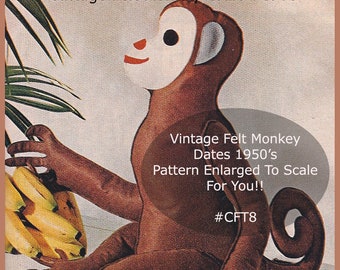 Vintage Monkey Sewing Pattern-Felt Monkey To Sew- Dates 1950's- Pattern To Scale--Rare Pattern--About 21 Inches--Read Everything-DurhamDeals