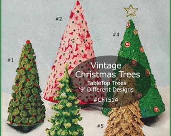 Vintage Christmas Tree Craft, 9 Miniature Trees, Tabletop Christmas, Dates 1960's  9 Designs Included- #CFT514 PDF-  DurhamDeals