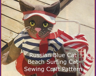 Cat Sewing Pattern Russian Blue Cat Beach Cat Surfing Cat Sewing Pattern Summer Cat #CFT9100-PDF  Available Mailed- Inquire DurhamDeals
