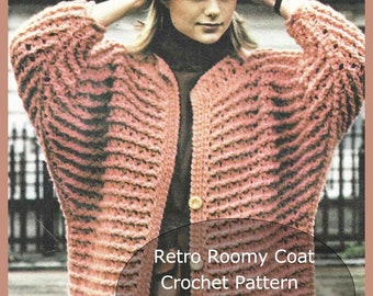 CROCHET Ladies Coat, 70's Ladies Comfy Loose Coat,Vintage Crochet Coat, Ladies Coat, Crochet 1970's Crochet Pattern-See Images- DurhamDeals