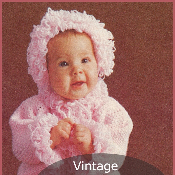 Baby Crochet LOOPED Sacque Hat And Booties 70's Pattern Loopy Crochet Baby Jacket Hat Booties #CRB79-PDF  Available Mailed- Pattern