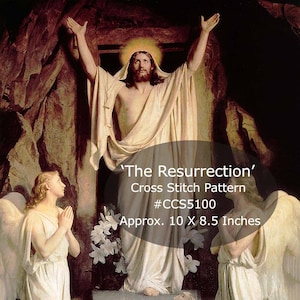 Puede incluir: Patrón de punto de cruz de 'La Resurrección' que representa una figura vestida de blanco que se levanta de una tumba de piedra, con dos ángeles arrodillados en oración. El patrón mide aproximadamente 10 x 8,5 pulgadas.