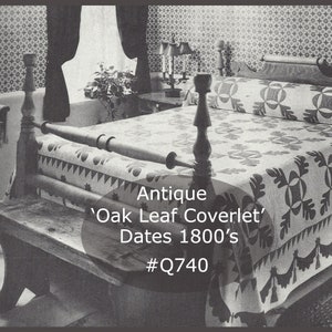 May include: Antique 'Oak Leaf Coverlet' quilt on a wooden bed with a wooden headboard and footboard. The quilt is white with a dark brown oak leaf pattern. The text 'Antique 'Oak Leaf Coverlet' Dates 1800's #Q740' is visible in the image.