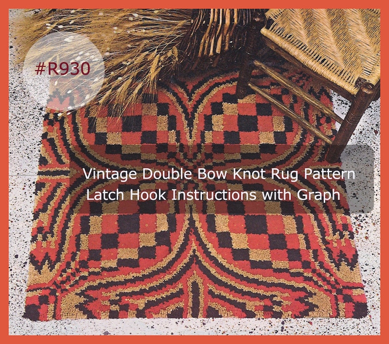 May include: Vintage Double Bow Knot rug pattern with latch hook instructions. The rug features a geometric design in red, black, and tan. The text "#R930" is in the upper left corner. The rug is on a concrete surface.