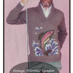May include: Vintage knitting pattern for a brown sweater with a colourful fish design. The pattern is called "FISHING" and is labelled #KNM23.