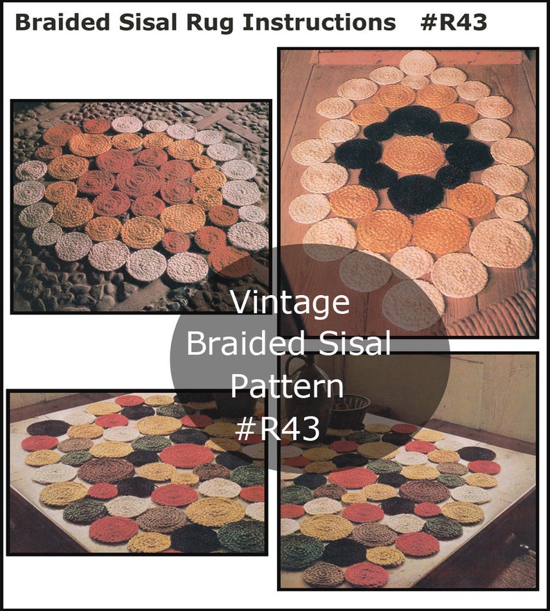 May include: Vintage braided sisal rug pattern #R43. The rug is made of braided sisal rope and has a circular design with a variety of colors, including brown, black, white, red, and yellow.