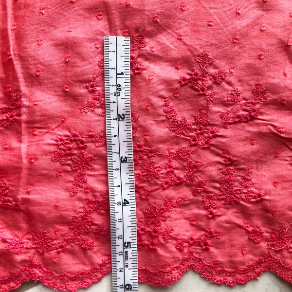 Vintage Coral Fabric, Pinky Coral Nubby Dotted Fabric, Bottom Is All Embroidered, Scalloped  Bottom---Dates 80's-----DurhamDeals