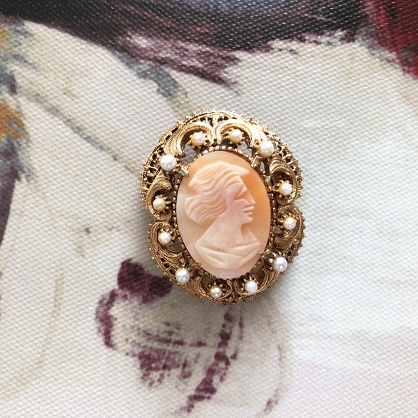 Florenza Cameo, Vintage Cameo Brooch, Gold Plated With Faux Pearls, Marked Florenza, Right Facing Cameo, Straight Nose Structure-DurhamDeals