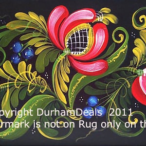 May include: A hand-painted folk art design featuring red, pink, and white tulips with green and yellow leaves on a black background. The design includes blue berries and swirls.