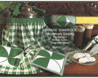 Irish  Pot Holders, Irish/Kitchen Decor, Shamrock Apron, Pillow, Patchwork Sewing!  Shamrock Decor, Read Everything---DurhamDeals