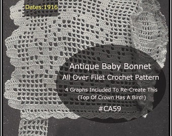 Antique Baby Bonnet, Filet Crochet, Victorian Bonnet, Pattern Dates 1916, Bird Motif Bonnet, Plus Free Pattern, #CRB94-PDF-DurhamDeals
