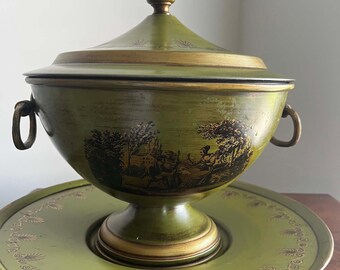 Italy Ice Bucket 50's Or Hearth Warmer, Italian Toleware Decor, Piero Fornasetti? Very Rare Find, With The Bottom Plate-DurhamDeals