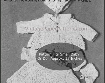 Premmie/Doll Knitting Pattern Dress-Coat-Bonnet Booties-FREE Baby Foot Muffs Pattern Included-Regular Mailed Pattern Available---Inquire