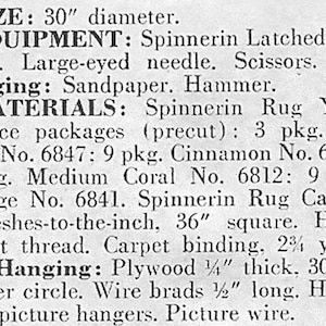 May include: Text listing materials and equipment for a rug project. Includes yarn, canvas, and tools like a hook and needle. The size is 76 cm diameter. The materials include hot pink, cinnamon, medium coral, and orange yarn.