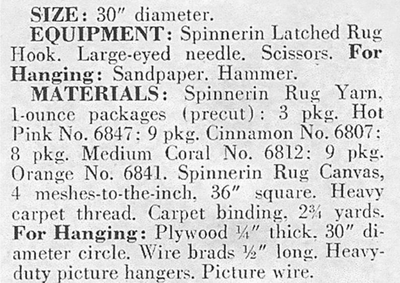 May include: Text listing materials and equipment for a rug project. Includes yarn, canvas, and tools like a hook and needle. The size is 76 cm diameter. The materials include hot pink, cinnamon, medium coral, and orange yarn.