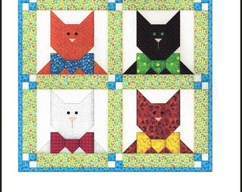 Cat Quilt Sewing Pattern, Cat Block Applique   Bow Tie Cats, Etsy Canada Quilt Block #Q73 Sewing Instructions Templates PDF Instant Download
