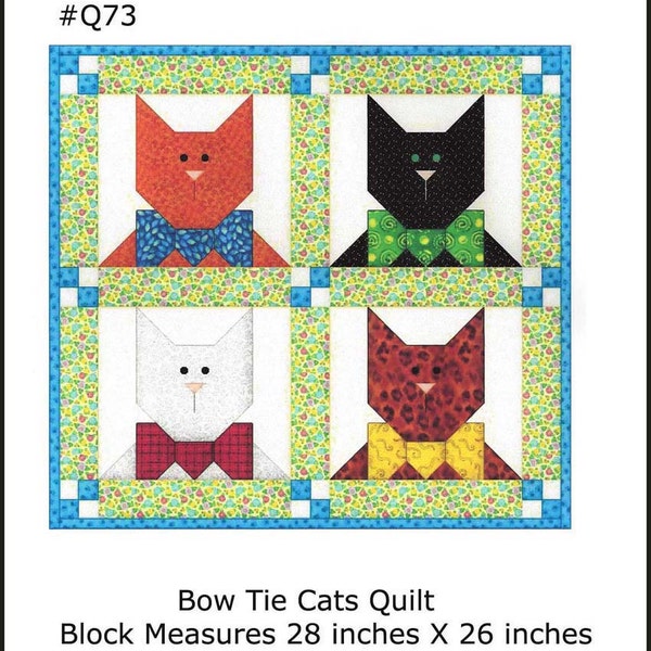 Cat Quilt Sewing Pattern Cat Block Applique Cats Bow Tie Cats Quilt Block #Q73 Sewing Instructions Templates PDF Instant Download