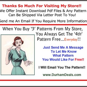 May include: A vintage illustration of a woman wearing a green dress and holding a pair of glasses. The text reads "When You Buy '3' Patterns From My Store, You Always Get The '4th' Pattern Free...Everyday!! Just Send Me A Message To Let Me Know What Pattern You Would Like For Free!! I Will Email You The Pattern!! www.DurhamDeals.com"