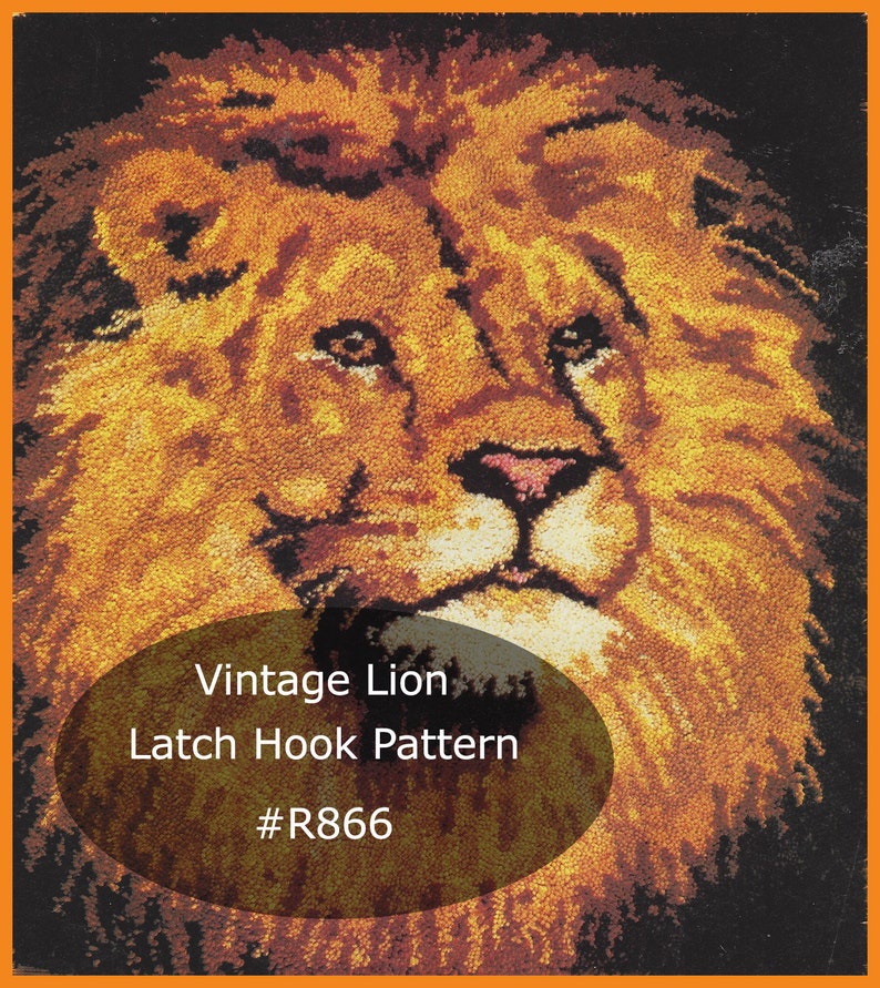 May include: Vintage latch hook pattern of a lion's face. The lion is depicted in shades of brown, orange, and yellow. The pattern is labeled "Vintage Lion Latch Hook Pattern #R866".