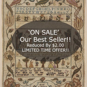 Colonial Sampler Antique Cross Stitch Pattern Museum Sampler Created In 1786 By A 10 Year Old, Pattern Is A Remake Of Original--DurhamDeals